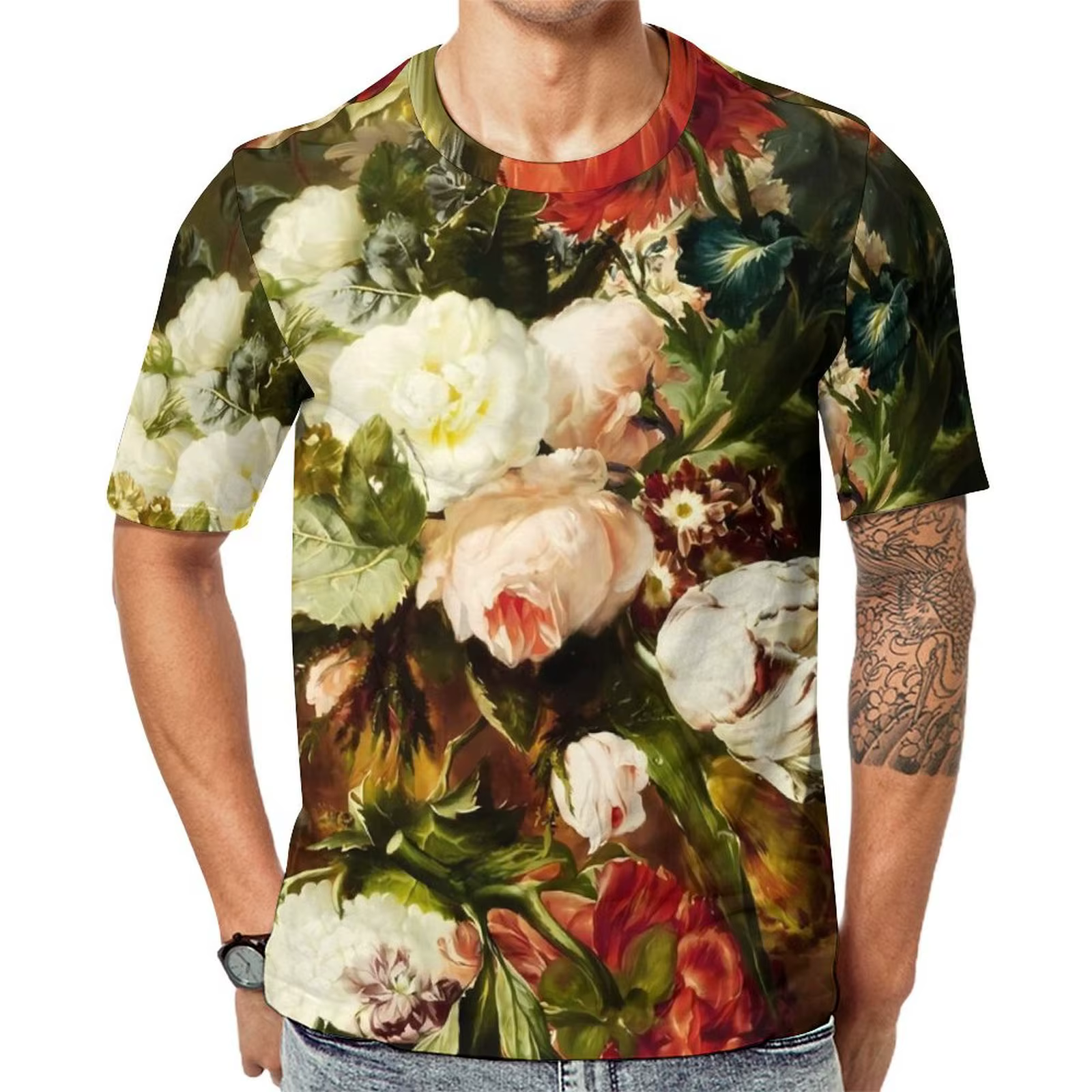 T-Shirt à Col Rond pour Homme, Imprimé de Fleurs, Peinture à l'Huile Originale, Décontracté, à la Mo