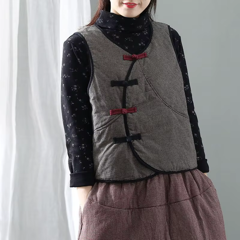 Femmes Vintage grille Tang costume gilets 2026 nouveau printemps automne veste sans manches coton ma