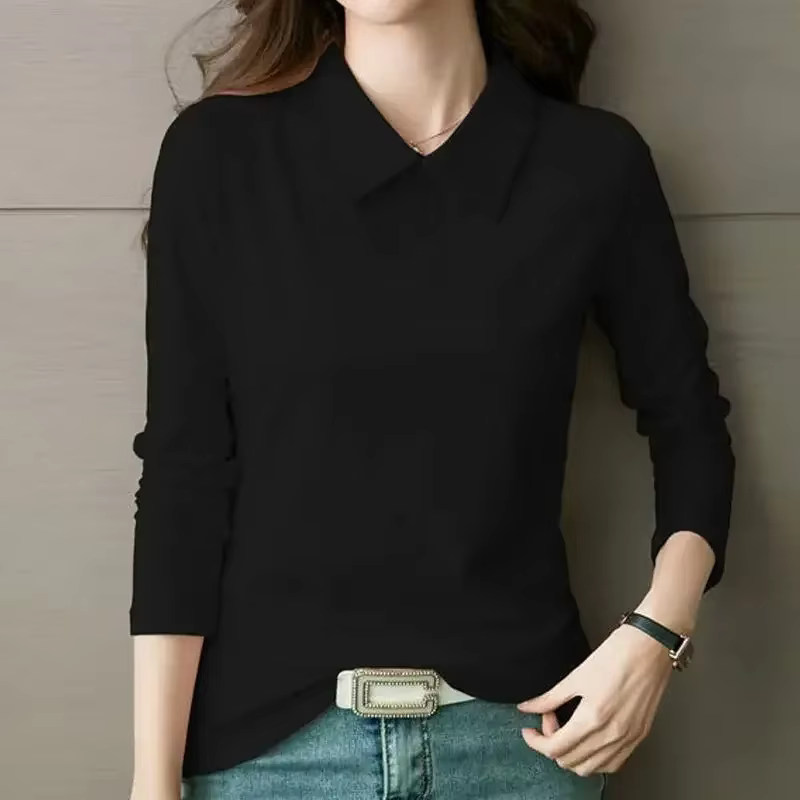 Polo à manches longues avec col pour femme, T-shirt femme, 100 coton Belgi, Vêtements populaires cor