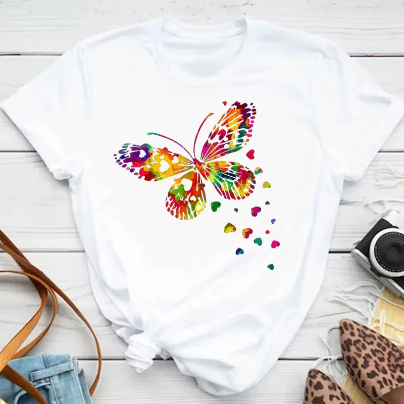 Nouvelle mode femmes T-shirt coloré papillon pétale imprimé à manches courtes et col rond mignon gra