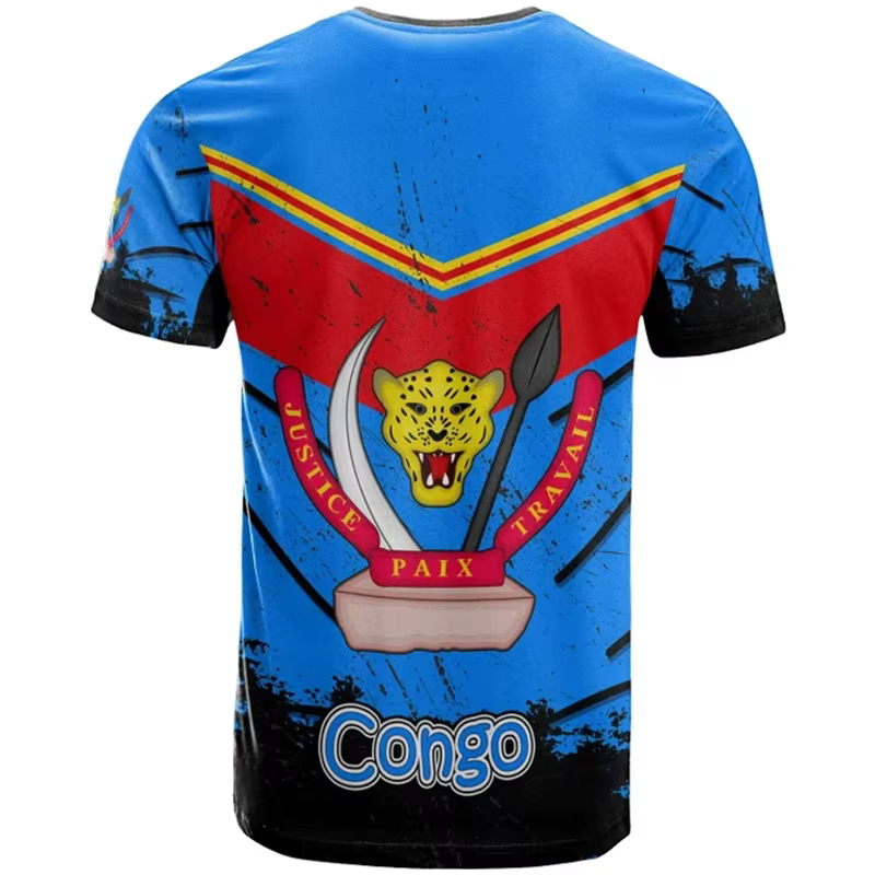 T-shirt manches courtes col rond République démocratique du Congo, impression 3D, emblème national, 