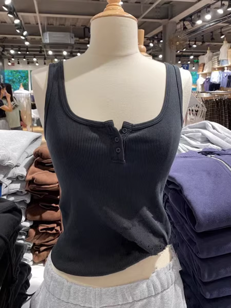 Débardeur côtelé slim femme été uni simple en coton à trois boutons sans manches décontracté vintage