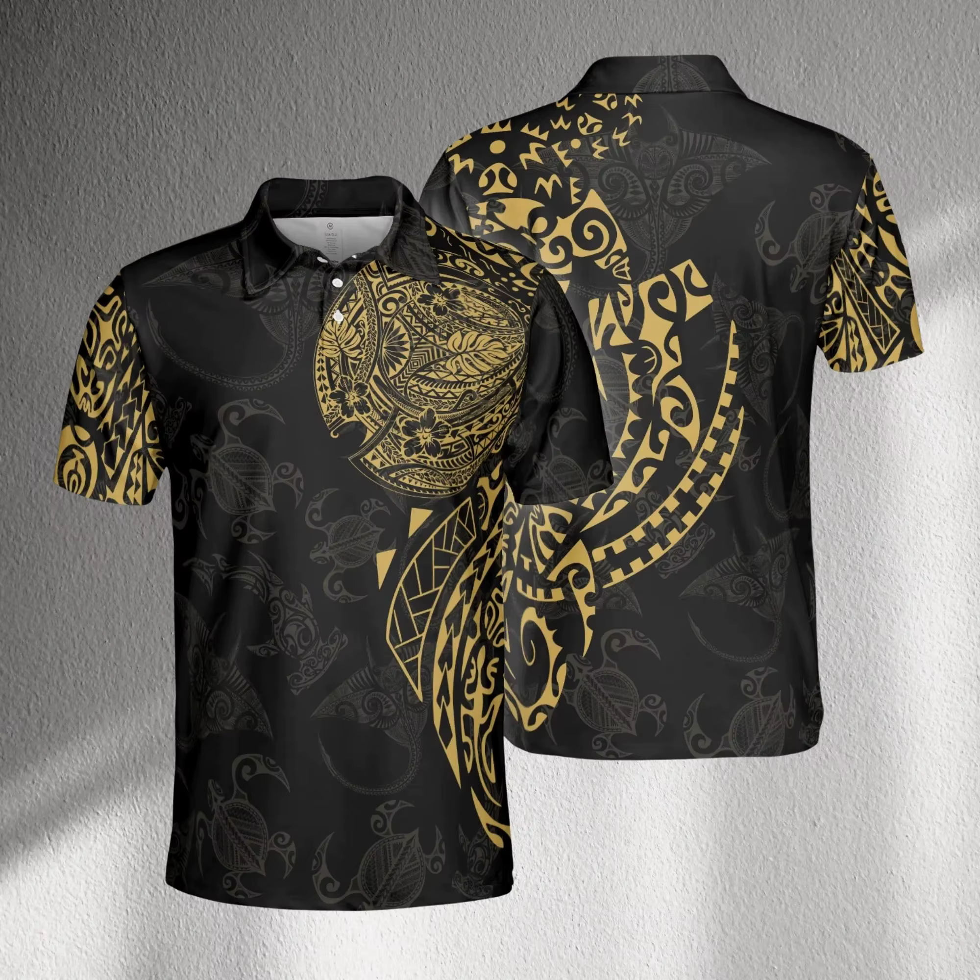 Polo Tribal noir doré, chemise pour hommes à motif de tatouage polynésien, haut d'été, t-shirt en Je