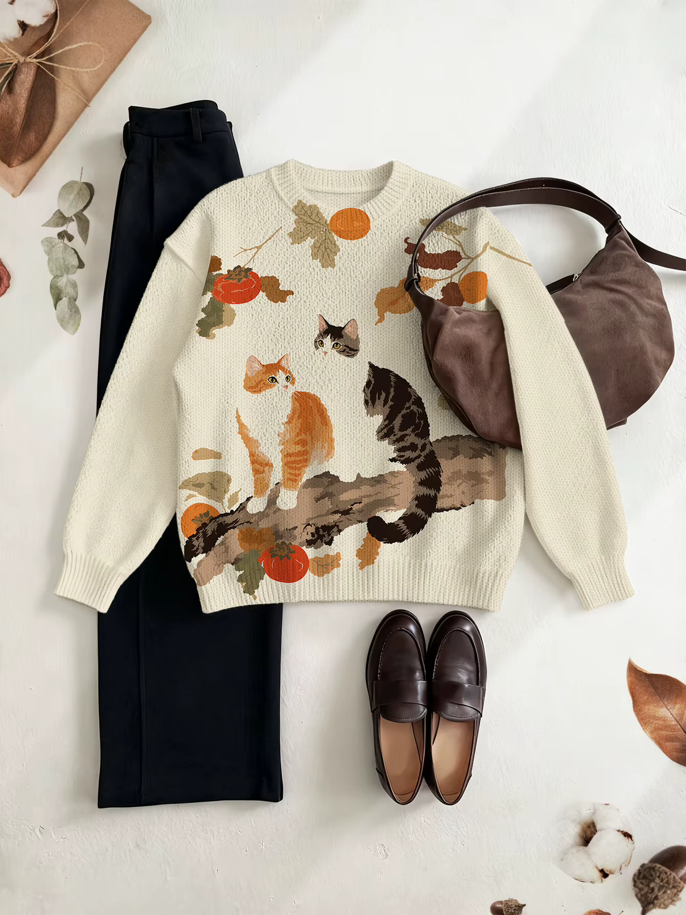 Pull à col rond pour l'automne et l'hiver, haut en tricot fin pour femme, motif amusant de chat, imp