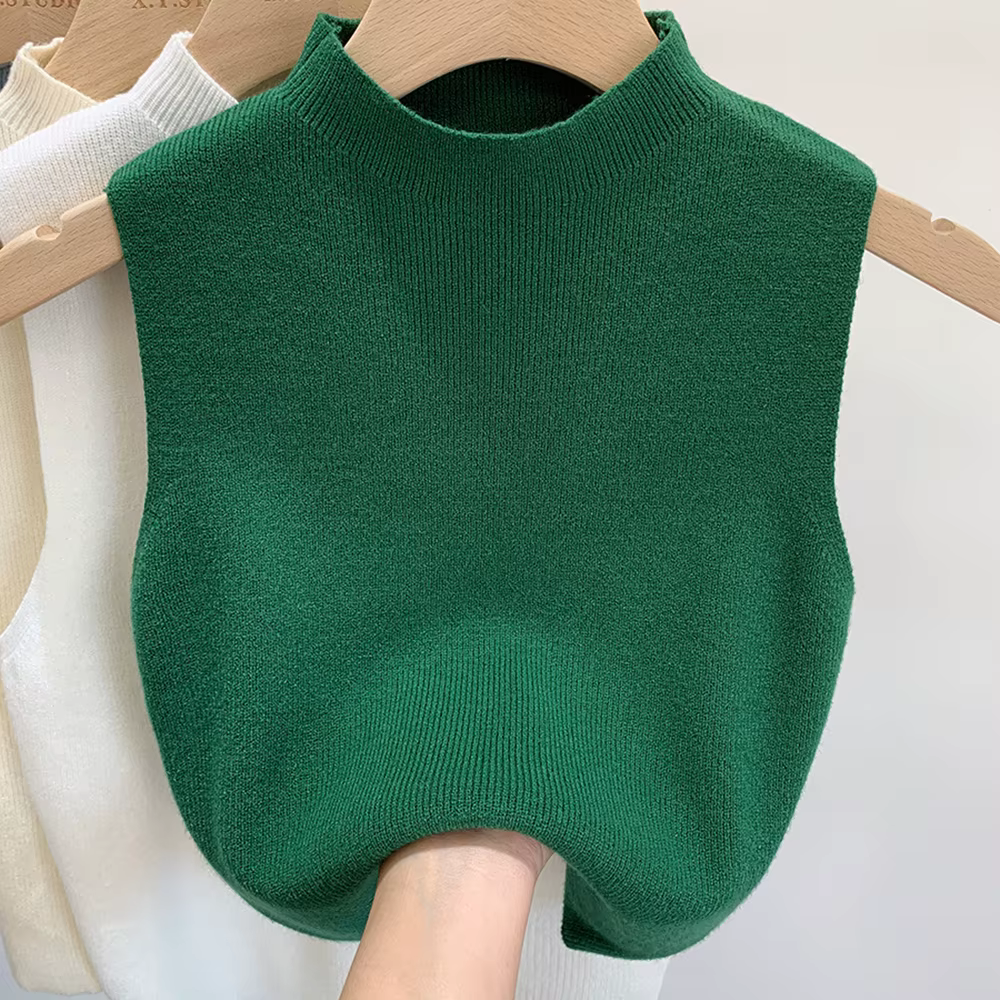 Débardeur tricoté pour femmes, couleur unie, T-Shirt, haut court, Camisole, pull demi-col roulé, san