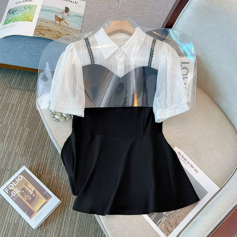 Chemise d'été grande taille tendance, color block, amincissante, col polo, manches courtes, décontra