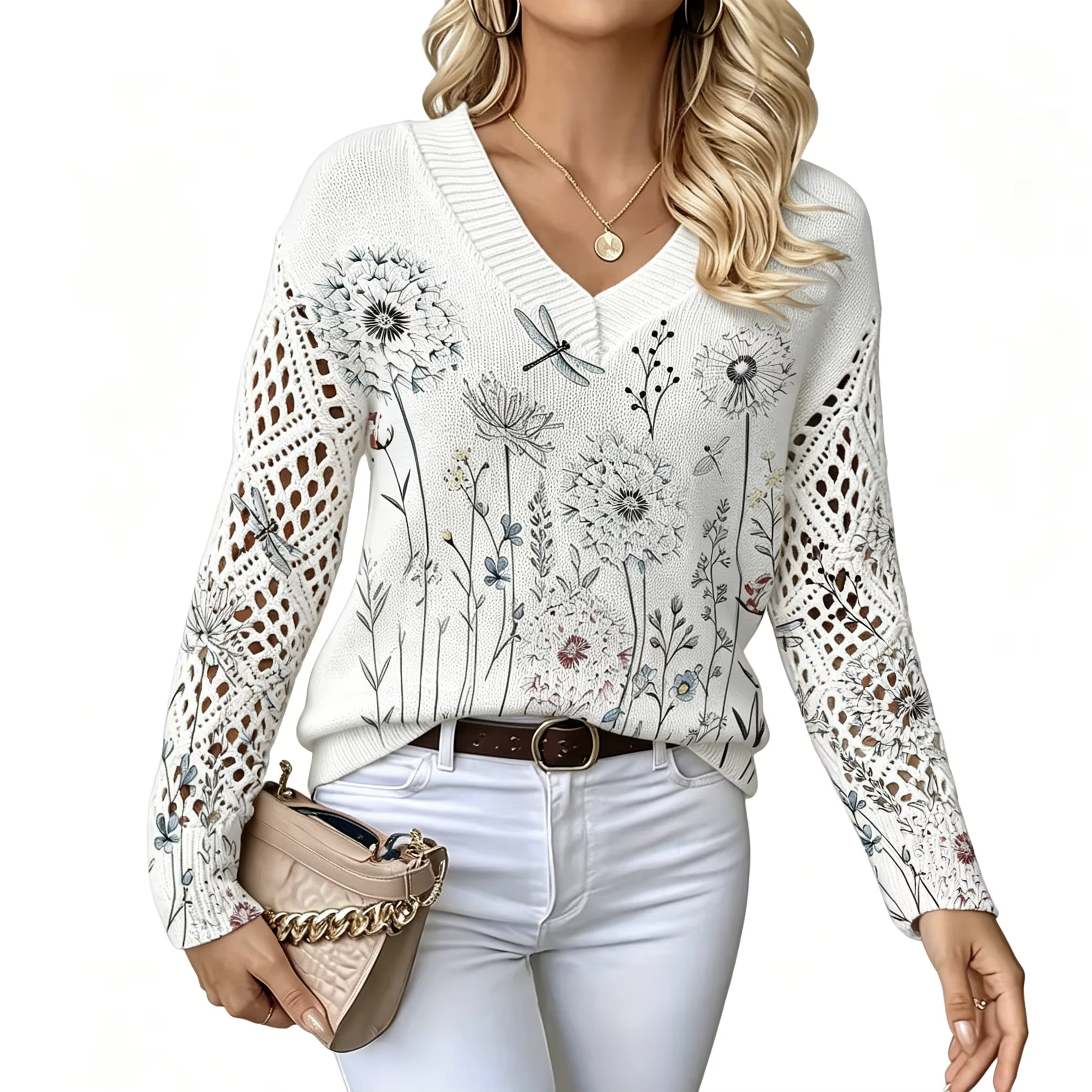 Haut en tricot pour femme avec col en V et manches découpées, motif floral frais, style bohème, adap