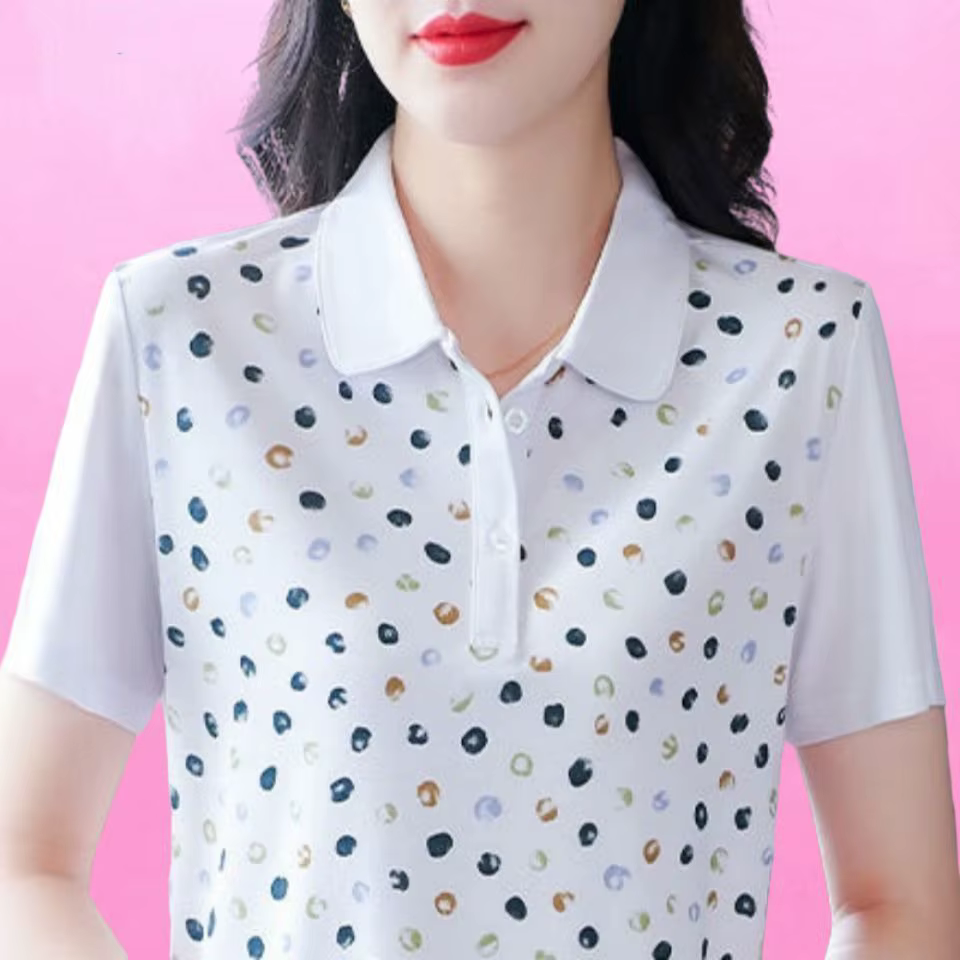 Nouveau T-shirt Polo Femme d'été à Col Revers et Manches Courtes, Imprimé à Pois, Coupe Ample et Déc