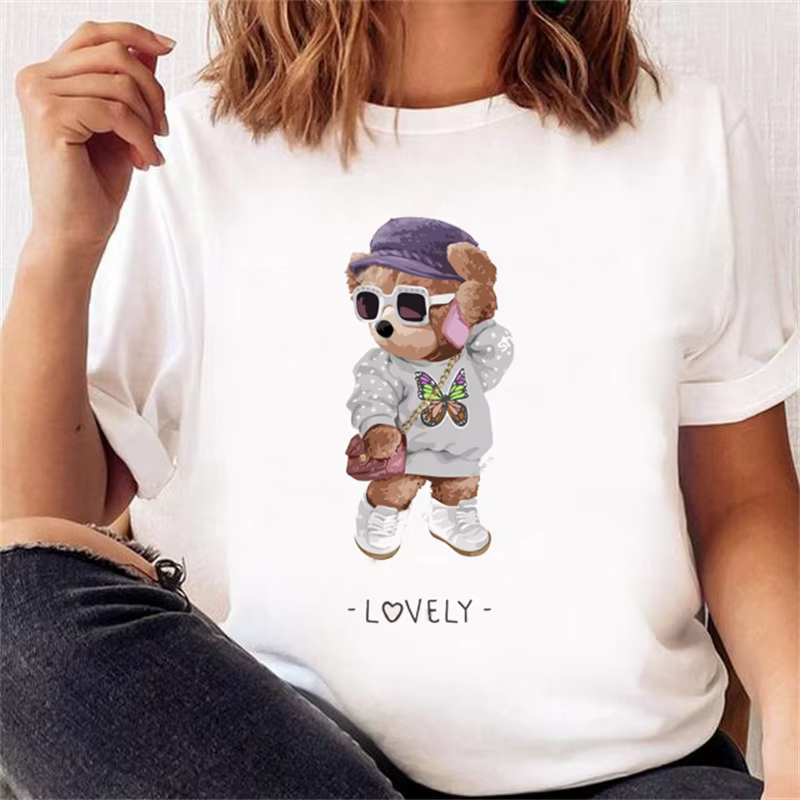 T-shirt à manches courtes pour femmes, vêtement tendance, décontracté, mignon, ours, à la mode, prin