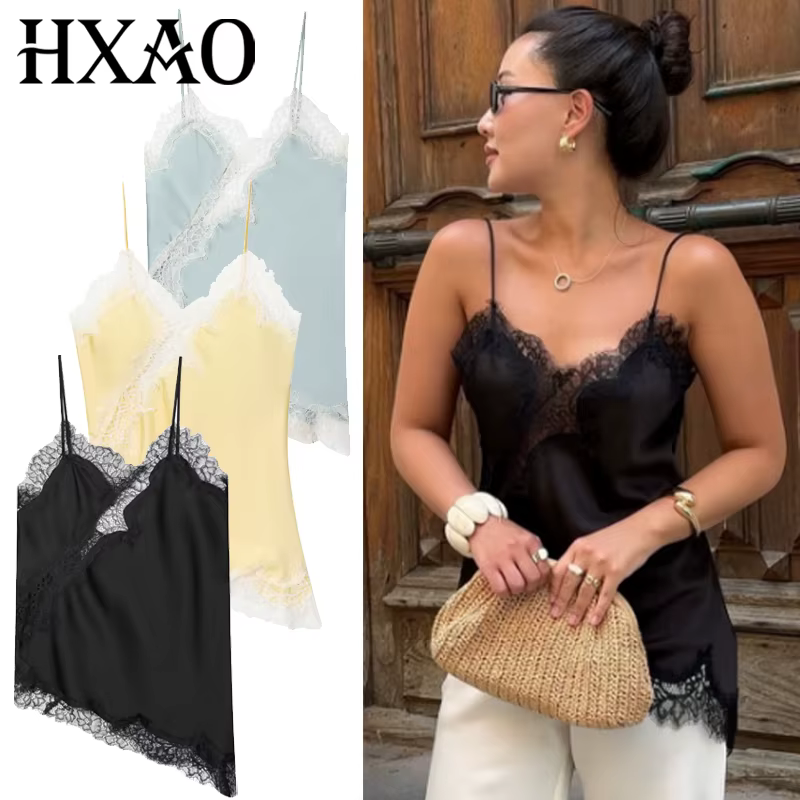 HXAO asymétrique haut à bretelles femmes été 2025 Y2K débardeurs et Camis dentelle noir épaules dénu