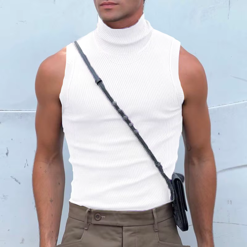 Débardeur ajusté d'été pour hommes, sans manches, col haut, couleur unie, T-Shirts d'entraînement