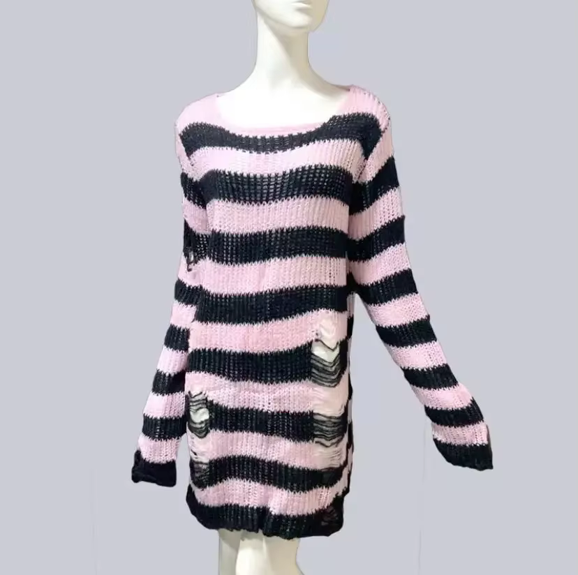 Nouveau Streetwear haut Punk gothique Long unisexe pull été femmes rayé Cool trou creux cassé pull a