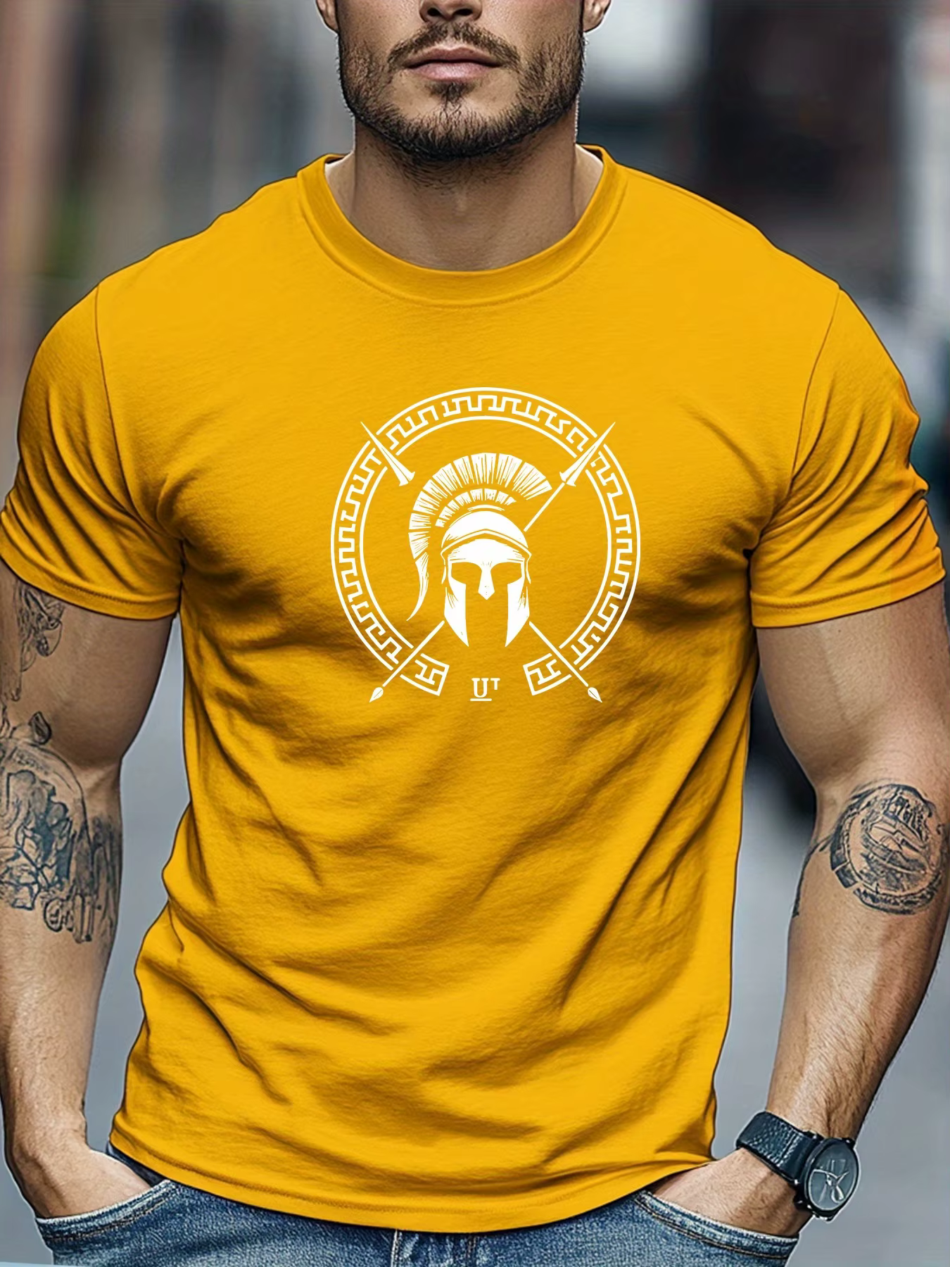 T-shirt d'été 100% pur coton pour hommes, décontracté, ample, motif casque Spartan imprimé, respiran