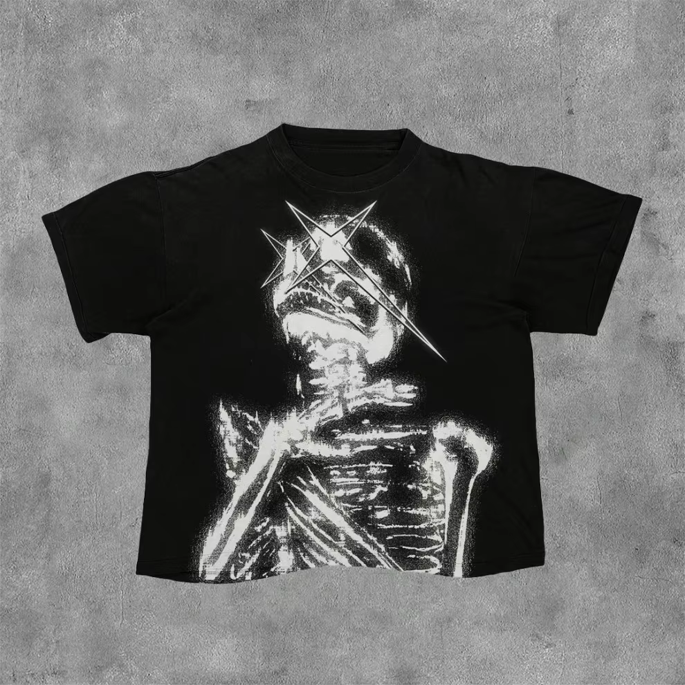 Vintage mille-pattes squelette graphique coton imprimé T-shirt hommes Y2K été manches courtes surdim