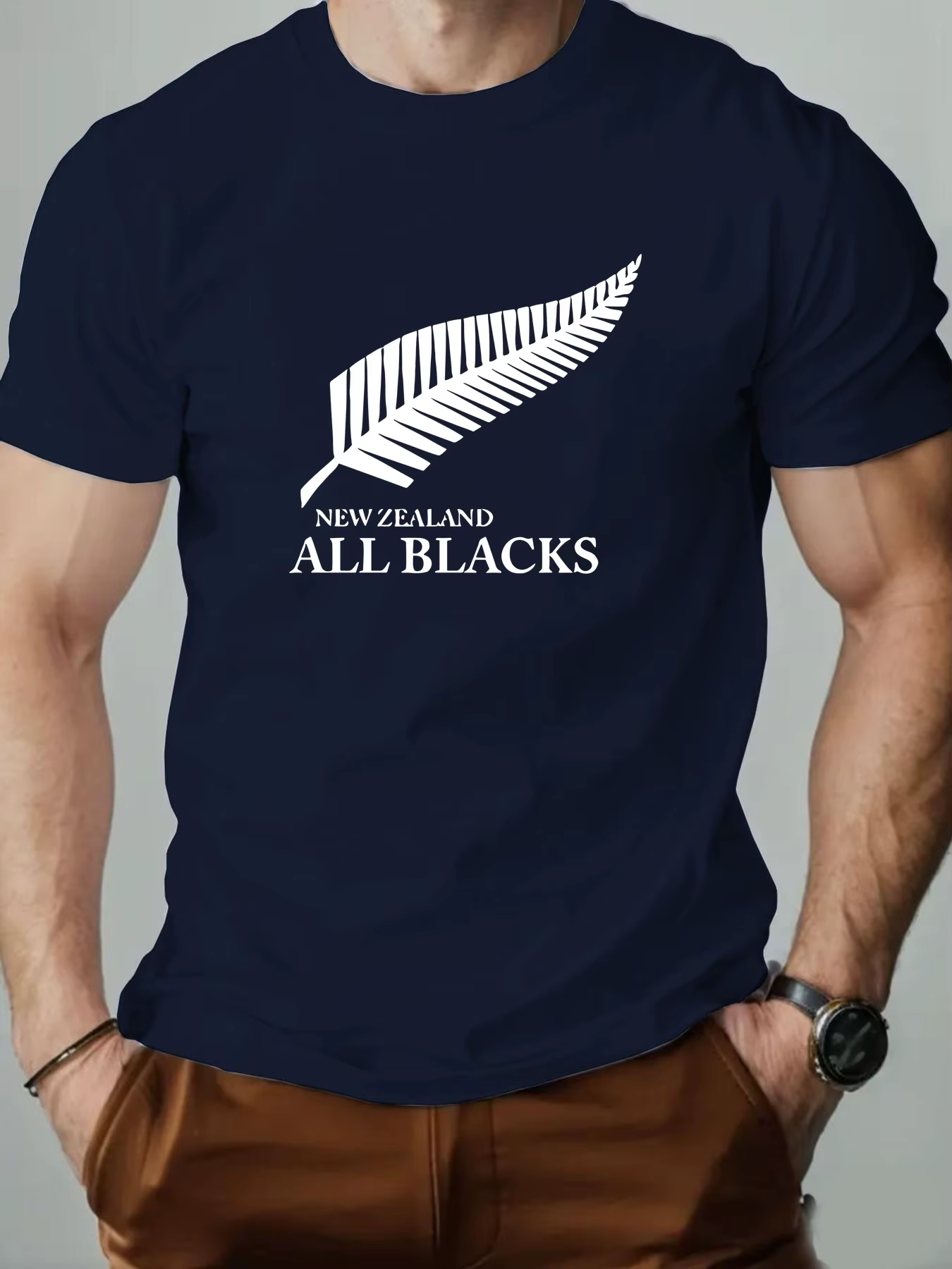 T-shirt Homme 2026 en Coton NOUVELLE-ZÉLANDE ALL BLACKS Imprimé Fougère Argentée Été Col Rond Respir