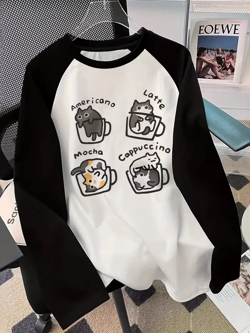 T-shirt à manches longues Coffee Cat, imprimé, drôle, style Hip Hop années 90, t-shirt décontracté p
