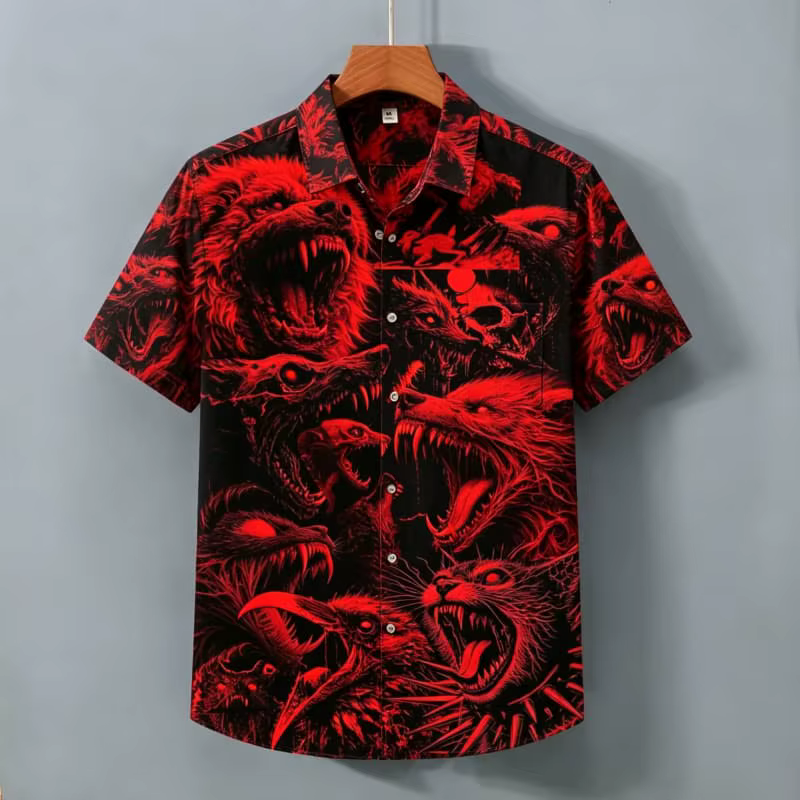 Chemise à manches courtes pour homme avec imprimé tête de loup dominant, style sauvage hardcore, ada