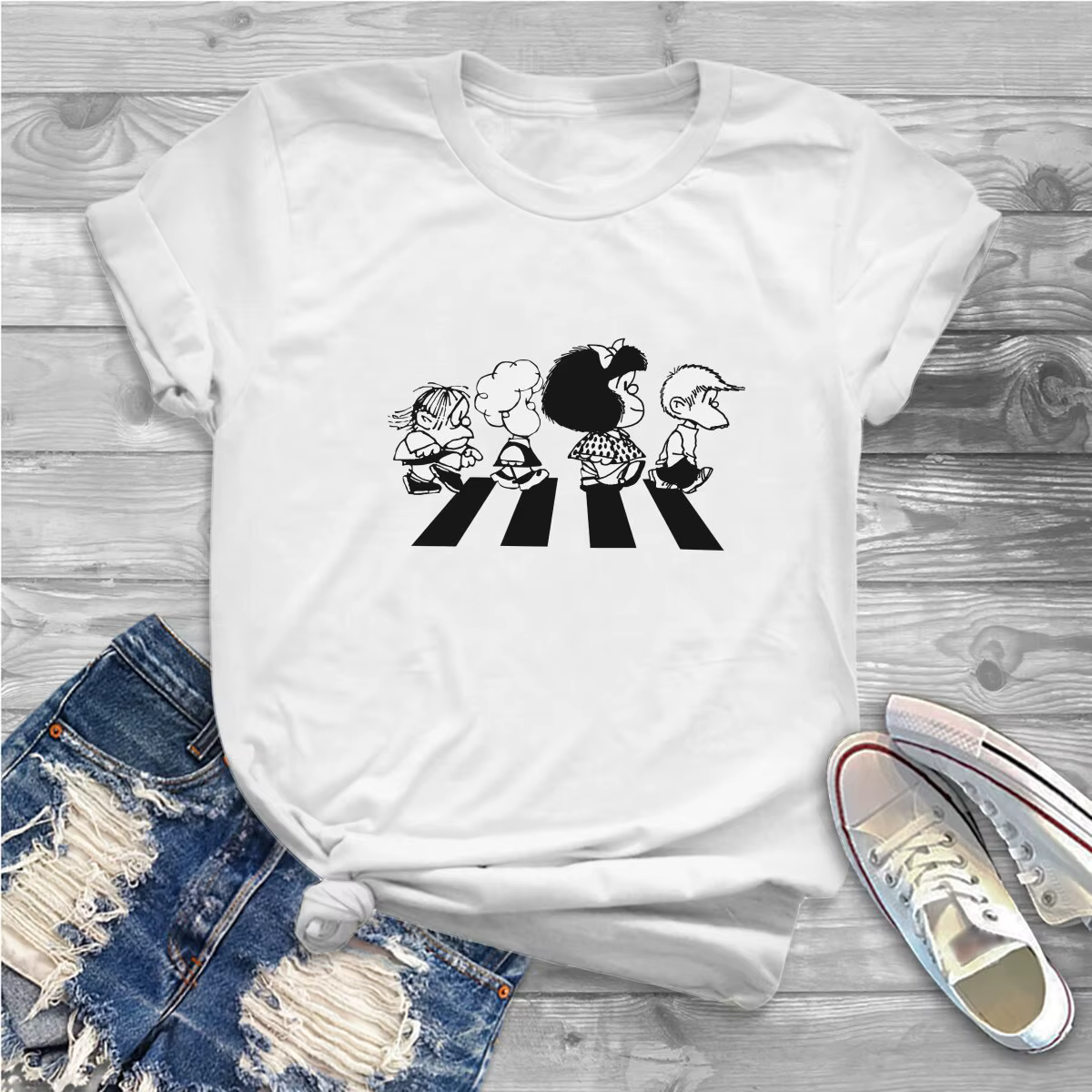 T-shirt Mafalda à col rond pour femmes et filles, t-shirts graphiques de dessin animé, polyester, ca
