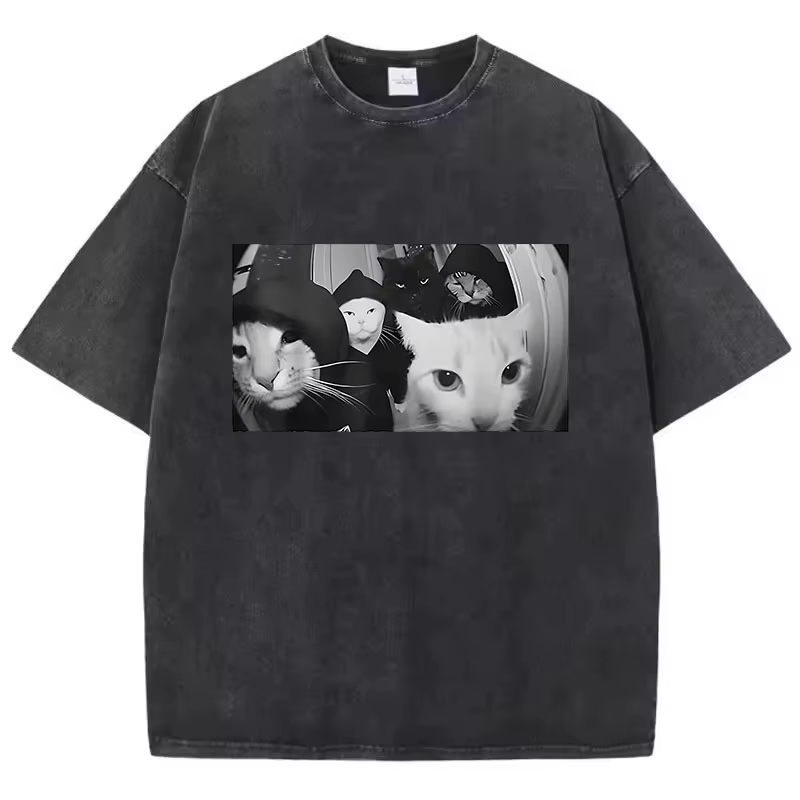 T-shirt tendance vintage délavé 100% coton, streetwear, t-shirt graphique chat fumeur, streetwear dé
