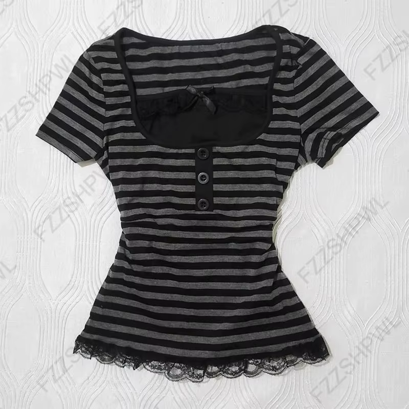 Couleur unie polyvalent T-shirt dentelle rétro décoration punk Y2K haut court rock esthétique mince 
