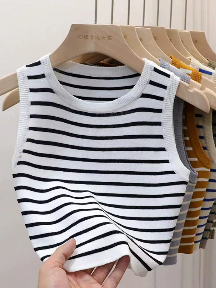 Nouveauté 2026 – Débardeurs rayés tricotés sans manches pour femme – T-shirts courts élastiques et a