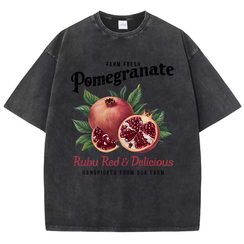 T-shirt délavé en coton pour femmes, imprimé grenade brillant, surdimensionné, col rond, confortable