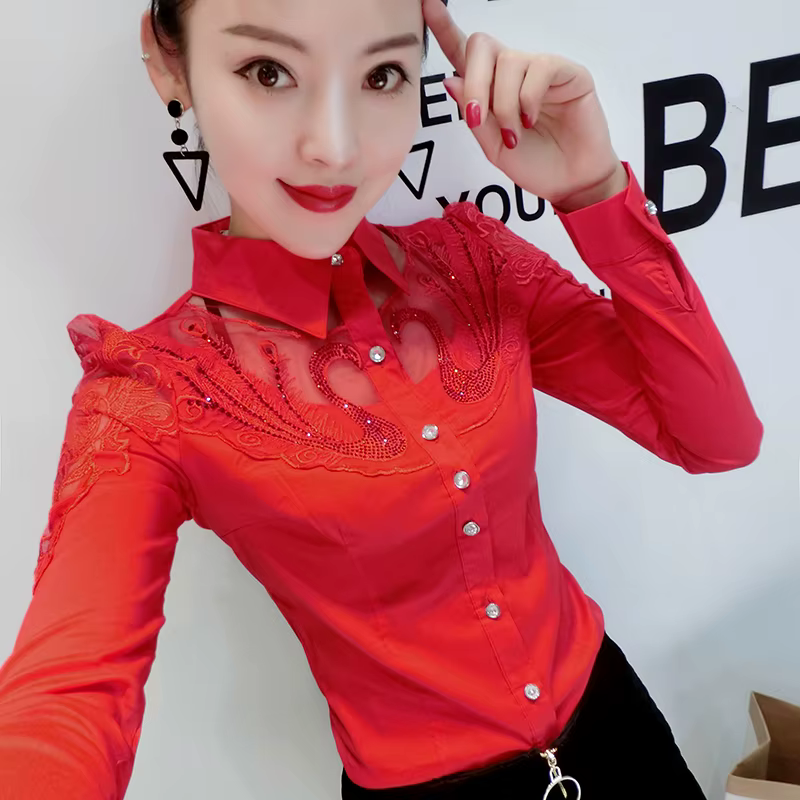 Automne nouveau à manches longues bureau dame hauts Patchwork femmes vêtements mode diamant dentelle