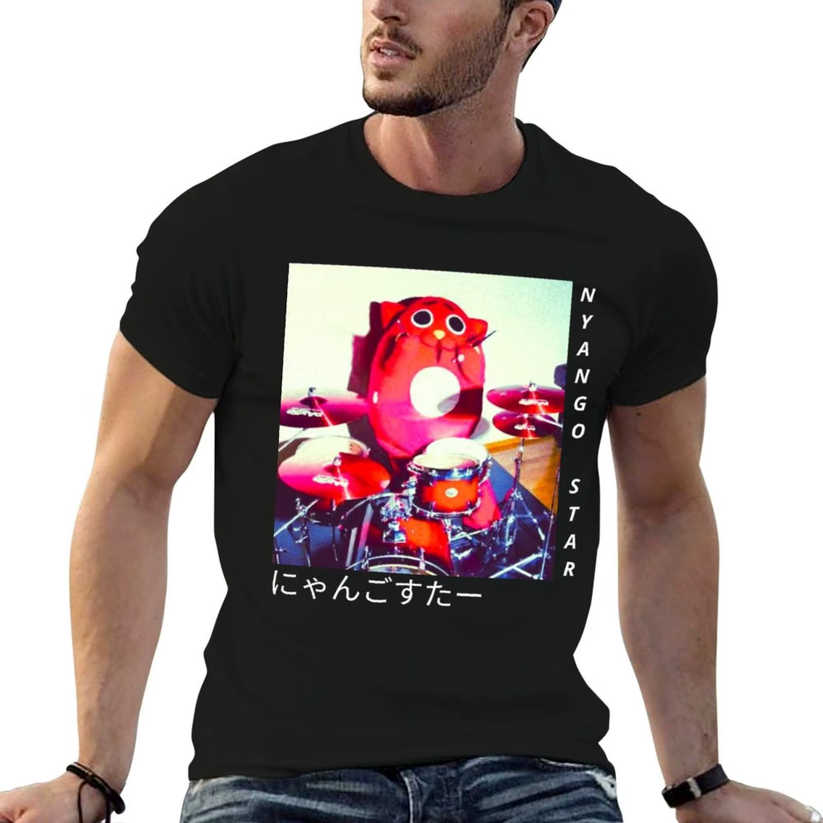 T-shirt Nyango Star Vintage avec mascotte chat pour batteur, t-shirt homme uni, t-shirts en coton 10