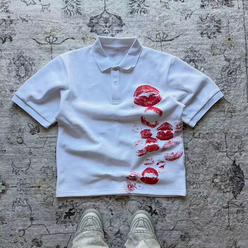 Y2K Polo imprimé Rock Goth T-shirt surdimensionné Hip Hop col boutonné chemise Punk T-shirt décontra