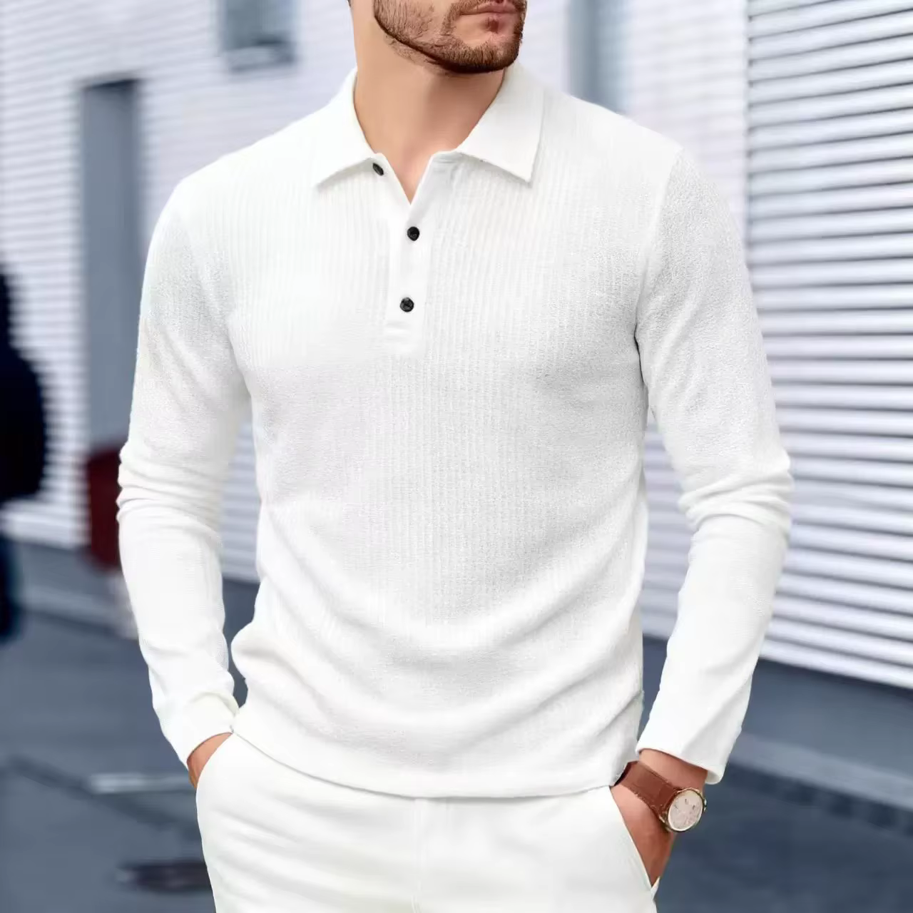 Polo homme printemps-automne à manches longues, col rabattu, couleur unie, respirant, pour affaires 