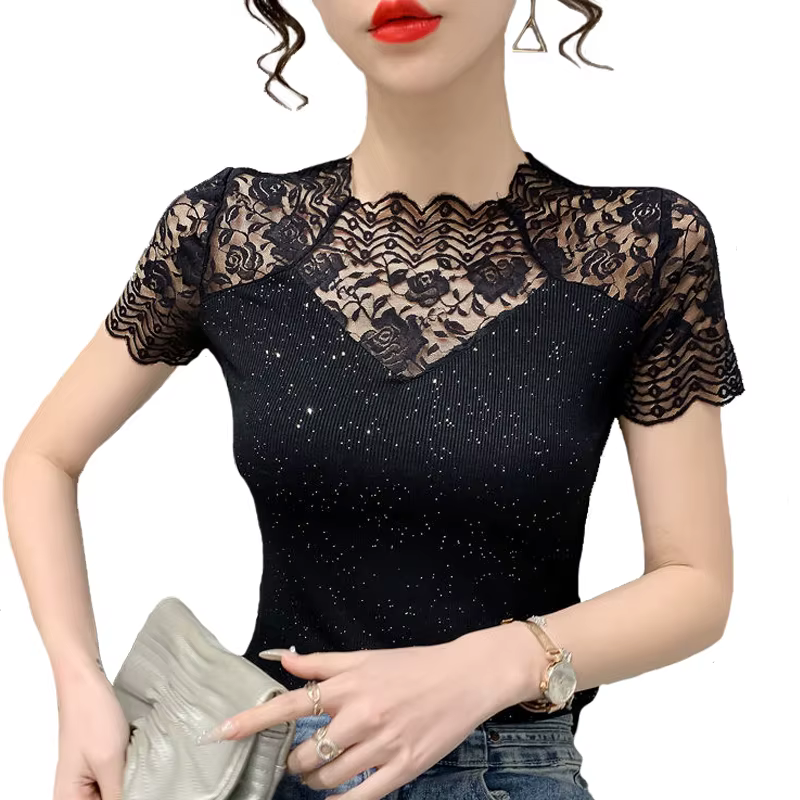 Été haut pour femme Patchwork soie brillante maille t-shirt Pathcwork manches courtes dentelle chemi