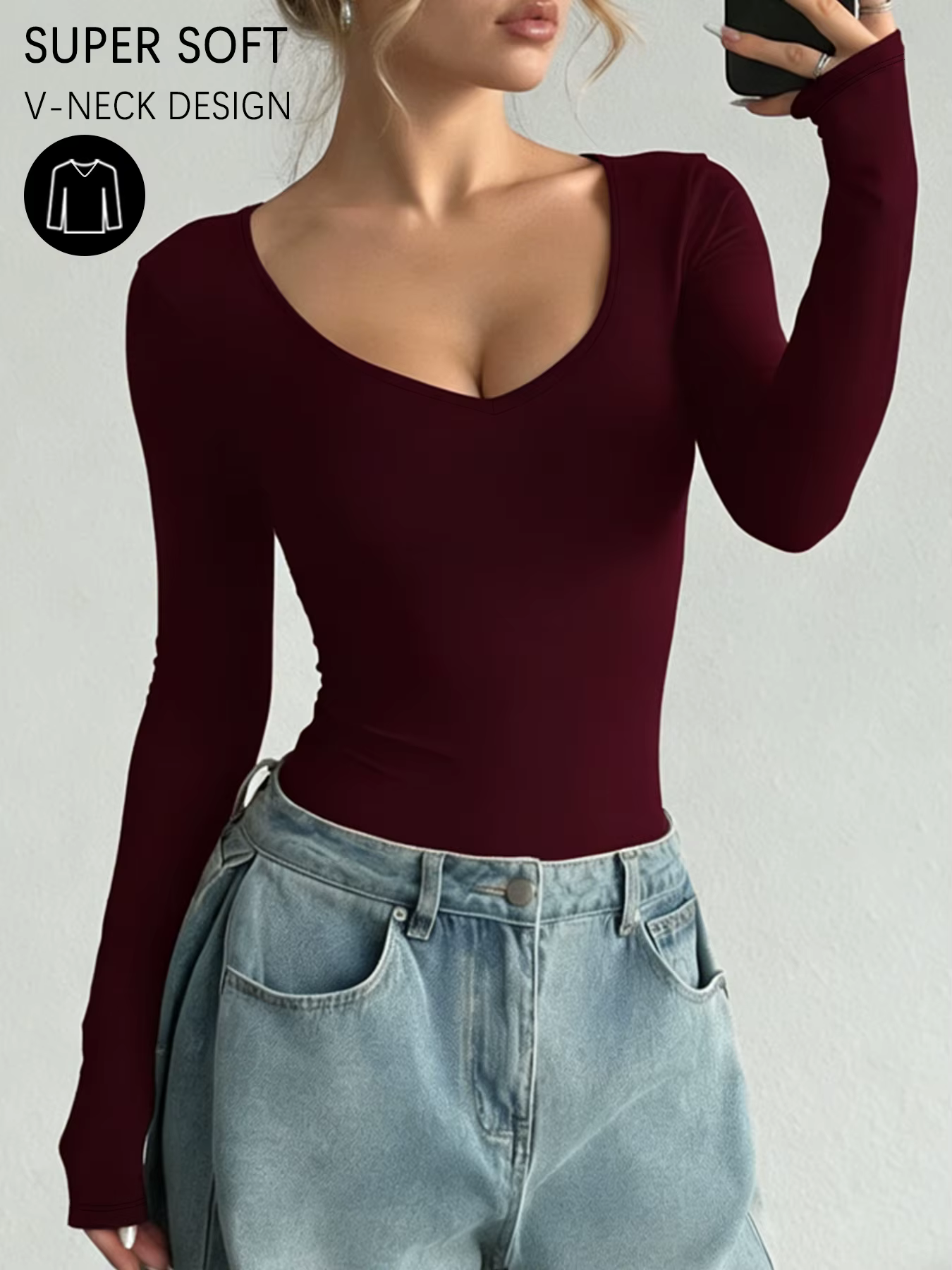 T-shirt à manches longues pour femme, col en V super doux et très extensible, coupe toutes saisons