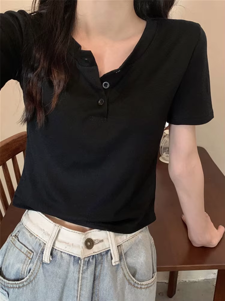 Femmes t-shirt bouton ouvert à manches courtes haut court dames vêtements 2024 solide basique t-shir