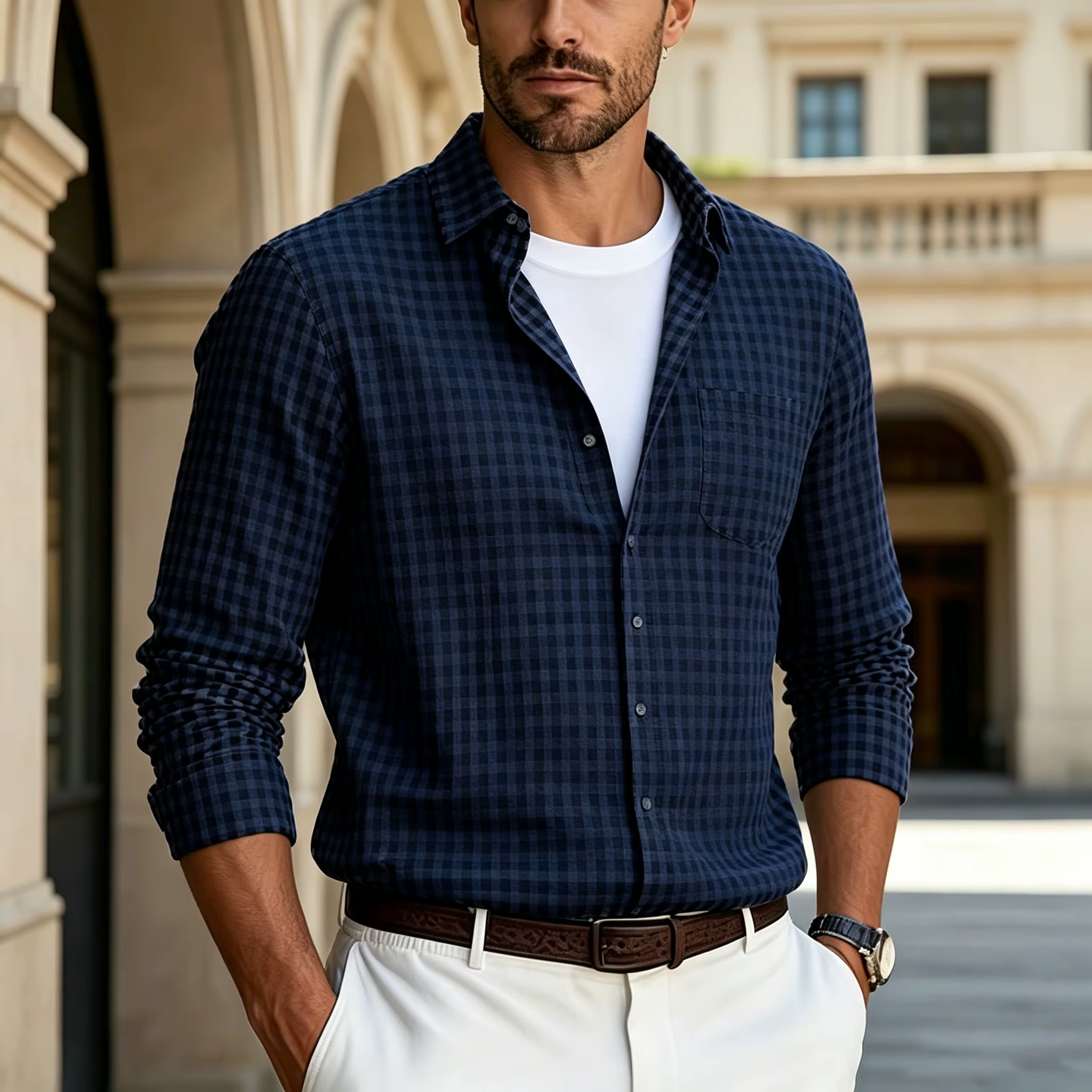 Chemise à carreaux fins à manches longues pour homme, chemise décontractée à col avec poches, haut r