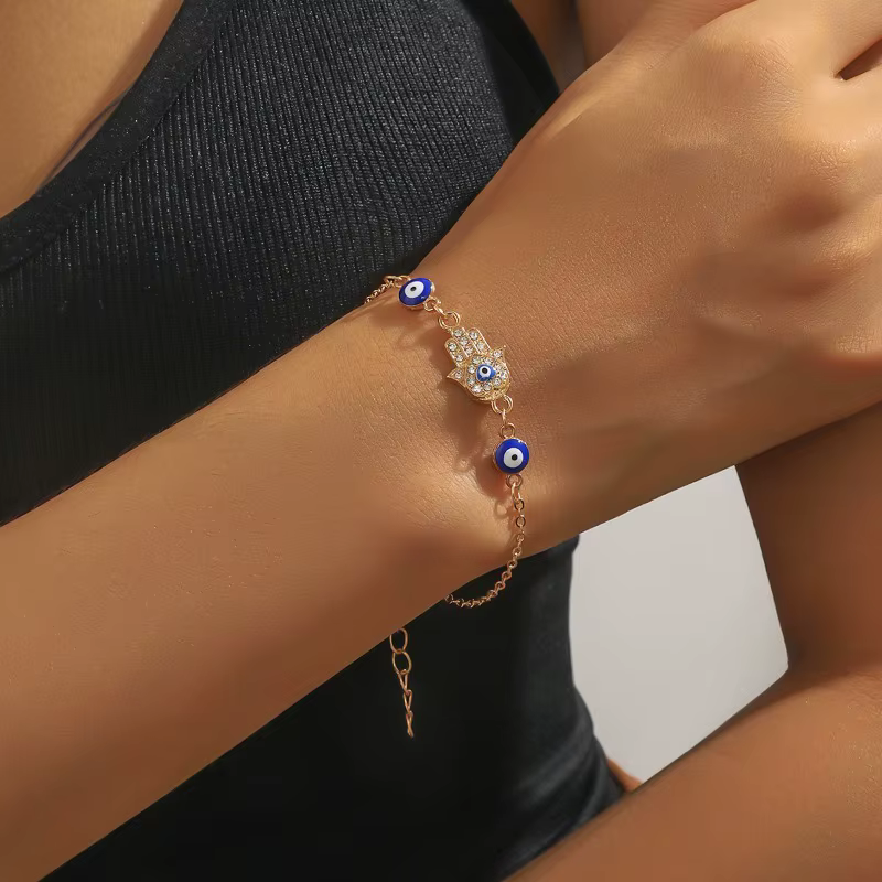 Bijoux tendance à la mode bleu mauvais œil Bracelet pour femmes couleur or réglable chanceux chaîne