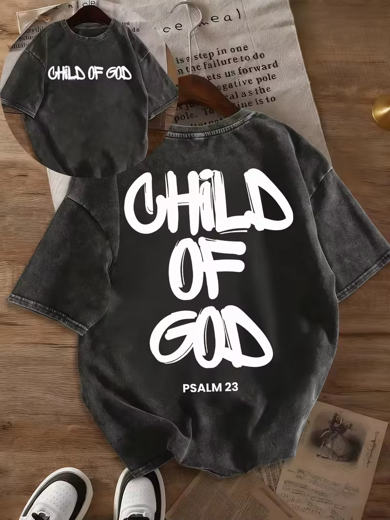T-shirt graphique vintage délavé « CHILD OF GOD Psalm 23 », tee-shirt décontracté surdimensionné pou