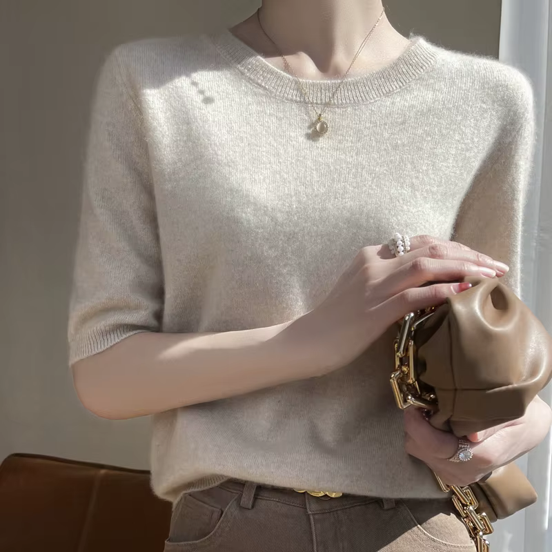 T-shirt à manches courtes et col rond pour femme, pull basique, doux, vêtements pour filles, 100%, n