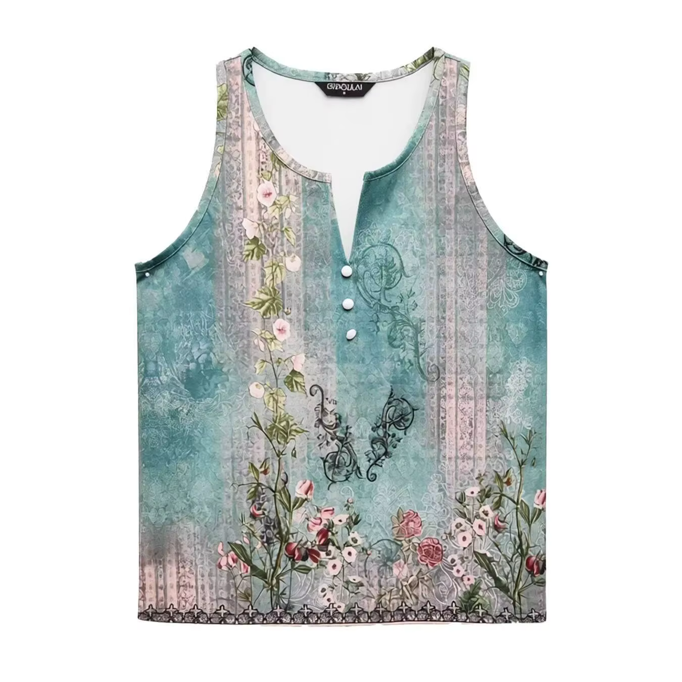 Débardeur Femme Printemps-Été Imprimé Floral Rétro Vert Teal Rose Col V Boutonné Sans Manches Ourlet