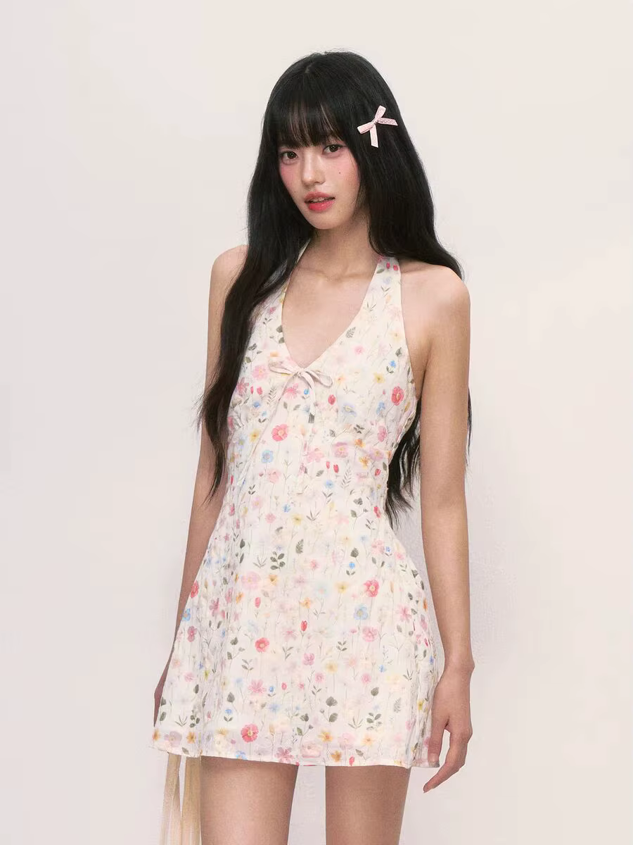 Petite robe florale de style français - 2025 nouveau modèle pour femme, robe élégante sans manches à