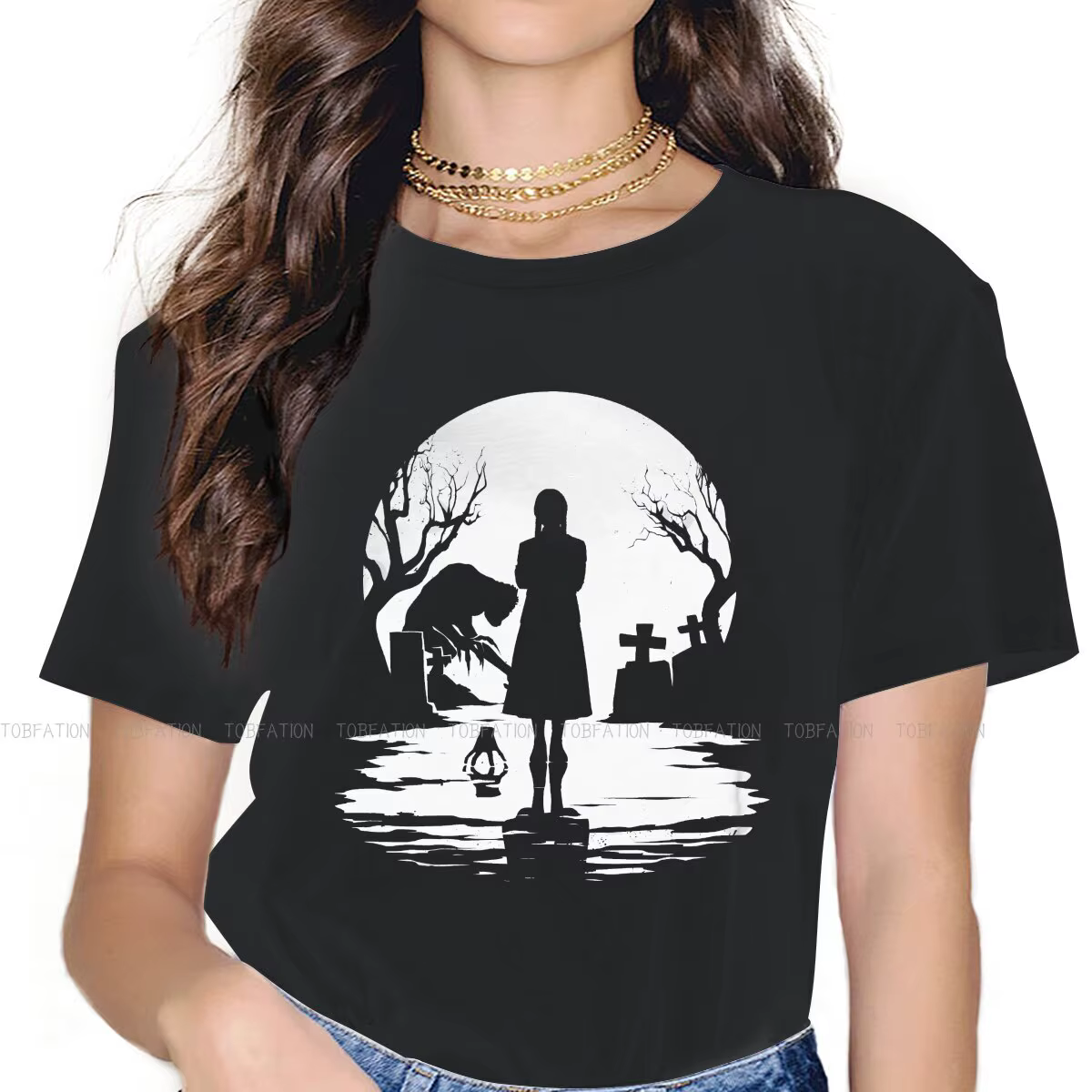 Addams Silhouette T-shirt manches courtes femme, décontracté, vintage, collection mercredi, Harajuku