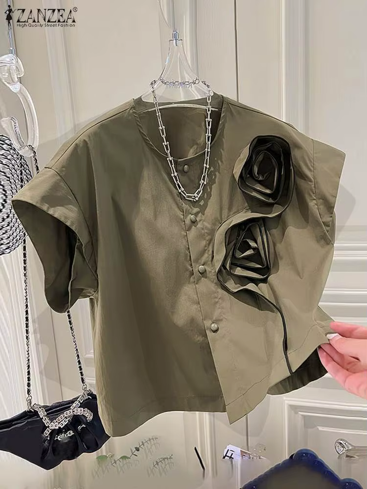 ZANZEA-Chemisier à Manches Courtes et Col Rond pour Femme, Haut Décontracté à Fleurs en Trois D, Col