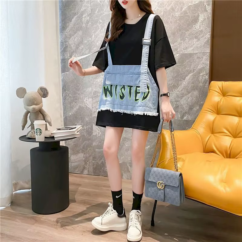 T-shirt en denim à manches courtes pour femmes, faux deux pièces, mode, vêtements coréens, été, chim