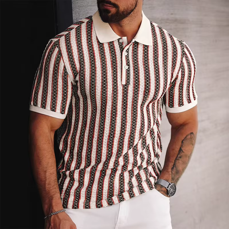 Polo tricoté pour hommes à manches courtes, rayé, col à revers, T-shirt mode, hauts d'été légers, de