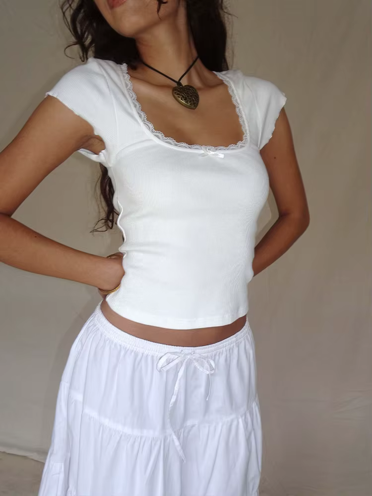 Y2k Vintage bébé T-Shirt Cottage dentelle garniture tricoté T-Shirt été col carré à manches courtes 