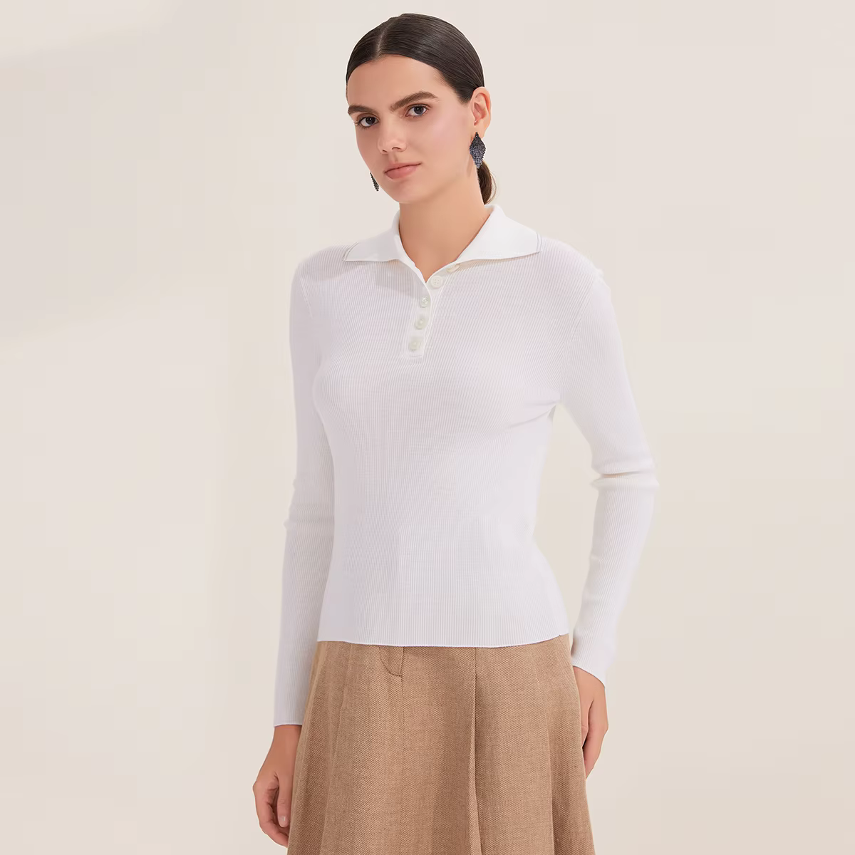 BL4521299 100% laine mérinos pull polo en tricot côtelé pour femme pull à manches longues collection