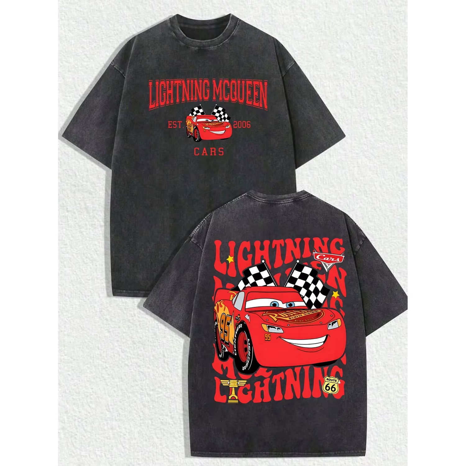 T-shirt graphique Lightning McQueen Cars noir vintage, style streetwear, pour homme et femme, décont