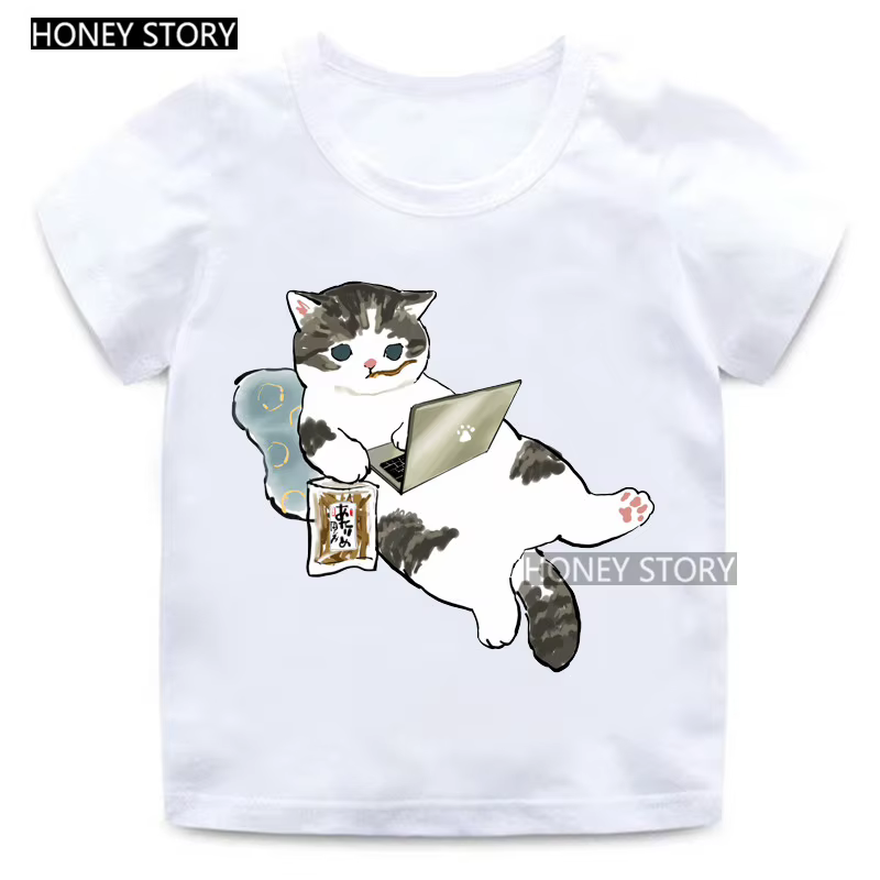 T-shirt imprimé chat de dessin animé mignon, vêtements pour garçons et filles