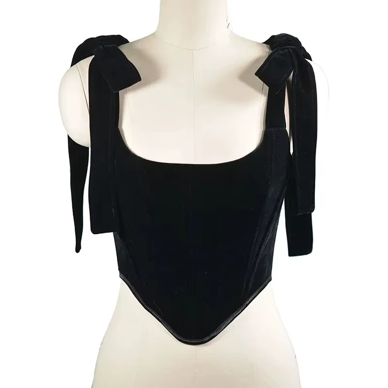 Corset en velours avec nœud papillon pour femme, bustiers au-dessus du buste, os à lacets, corsage f
