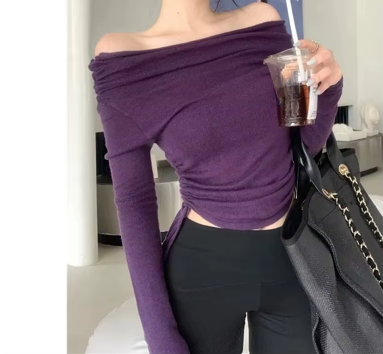 T-shirt violet à manches longues et épaules dénudées pour femme, haut de gamme, coupe cintrée avec B