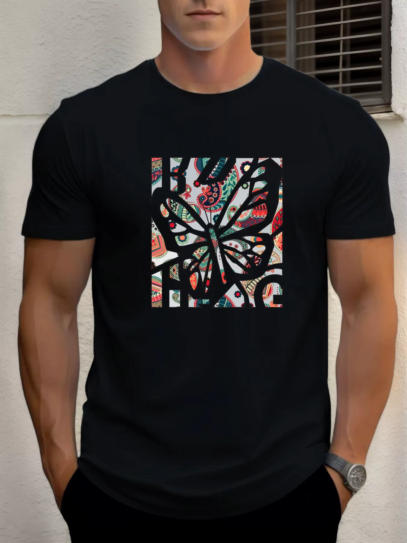 T-shirt pour hommes papillon 100 % coton impression graphique été t-shirt col rond décontracté respi